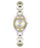 A Guess women's two-tone watch with a silver and gold-tone link bracelet, a silver oval case, and a white dial with gold-tone hands and a crystal-encrusted bezel.