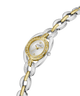 A Guess women's two-tone watch with a silver and gold-tone link bracelet, a silver-toned oval case, and a gold-tone bezel accented with small clear crystals. The white dial features gold-tone hands and hour markers. lifestyle