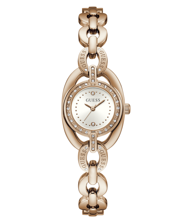 A GUESS women's watch featuring a rose gold-tone oval case with a white dial, crystal-encrusted bezel, and a matching rose gold interlocking link bracelet.