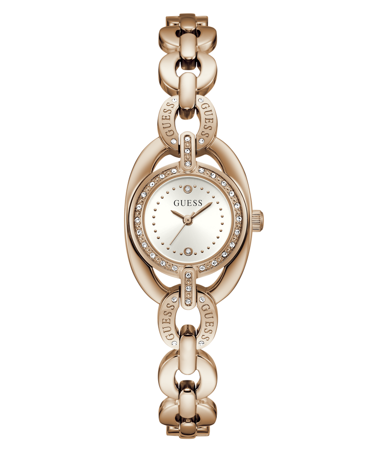 A GUESS women's watch featuring a rose gold-tone oval case with a white dial, crystal-encrusted bezel, and a matching rose gold interlocking link bracelet.