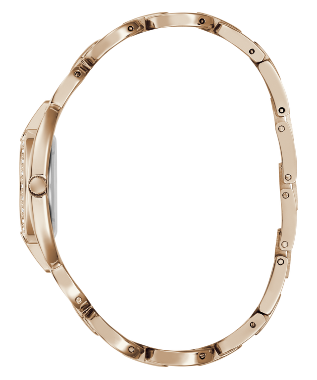 Rose gold metal watch bracelet shown from the side profile on a plain white background.