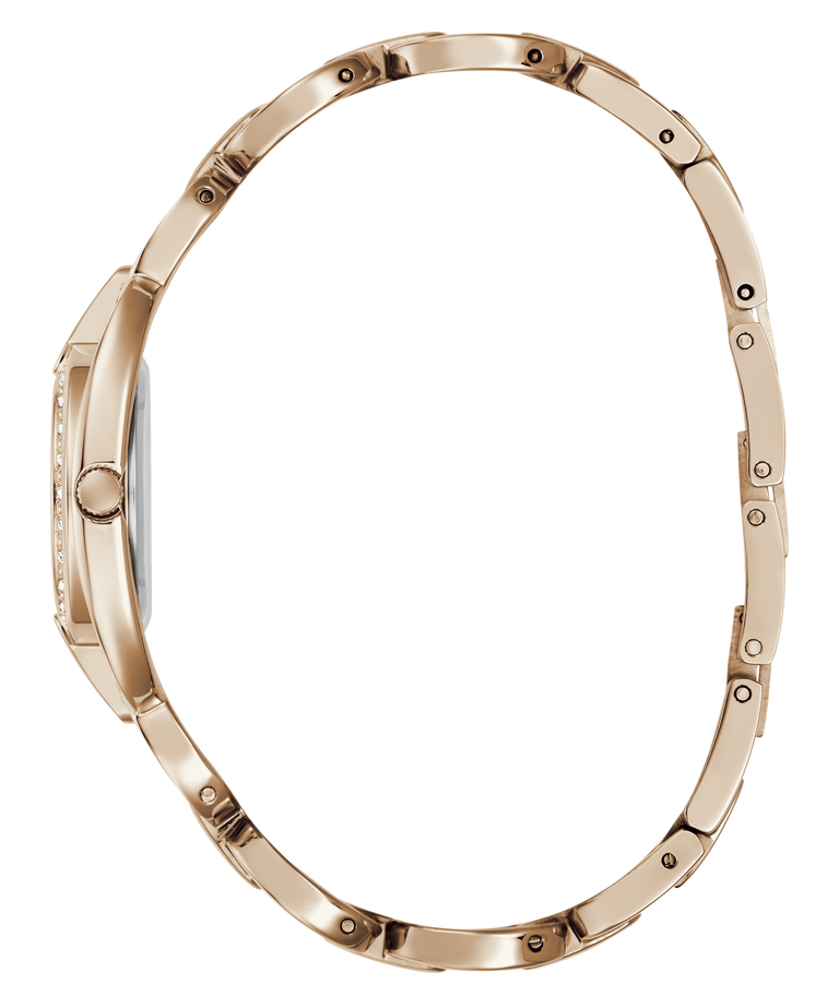 Rose gold metal watch bracelet shown from the side profile on a plain white background.