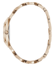 Rose gold metal watch bracelet shown from the side profile on a plain white background.