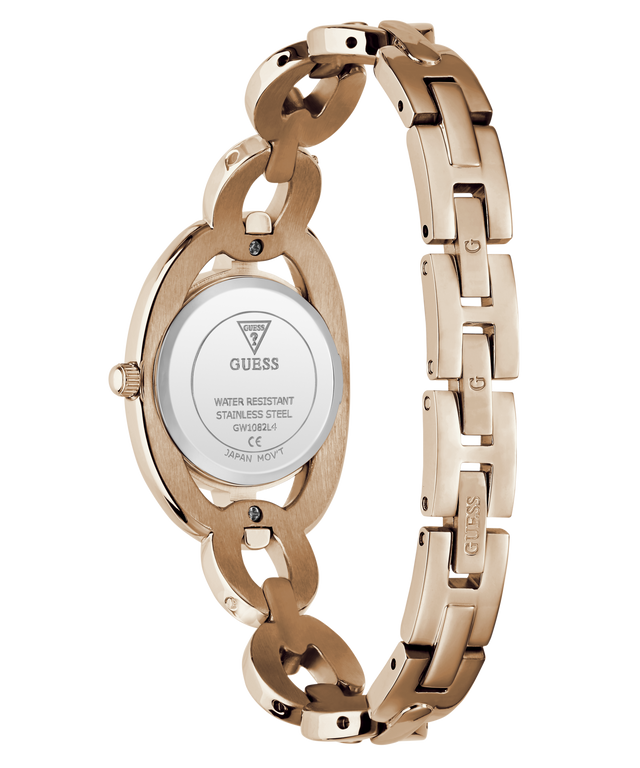 Rose gold Guess women's watch shown from the back, featuring an oval case and a matching rose gold link bracelet with an interlocking link design, on a white background.