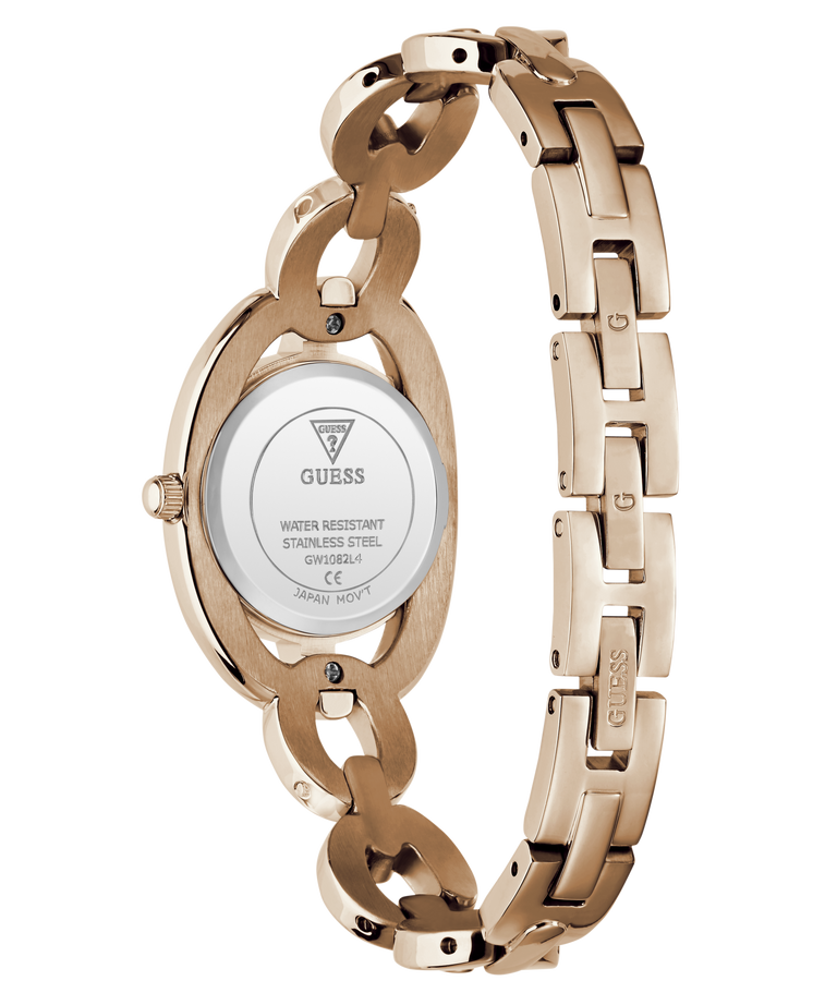 Rose gold Guess women's watch shown from the back, featuring an oval case and a matching rose gold link bracelet with an interlocking link design, on a white background.