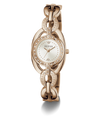 A GUESS women's watch featuring a rose gold-tone chain bracelet, a bezel set with clear crystals, and a white dial with matching rose gold hands.