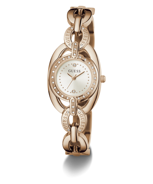 A GUESS women's watch featuring a rose gold-tone chain bracelet, a bezel set with clear crystals, and a white dial with matching rose gold hands.