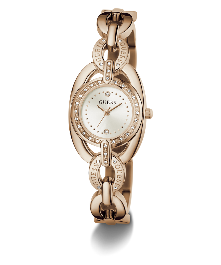 A GUESS women's watch featuring a rose gold-tone chain bracelet, a bezel set with clear crystals, and a white dial with matching rose gold hands.
