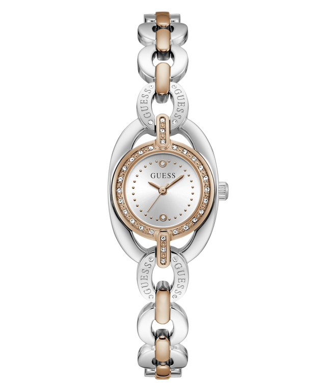 A Guess women's watch featuring a two-tone silver and rose gold link bracelet, a silver oval case, and a white dial with a rose gold bezel accented by small crystals.