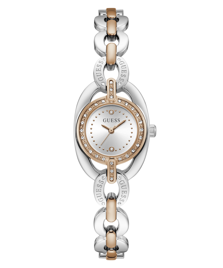 A Guess women's watch featuring a two-tone silver and rose gold link bracelet, a silver oval case, and a white dial with a rose gold bezel accented by small crystals.