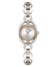 A Guess women's watch featuring a two-tone silver and rose gold link bracelet, a silver oval case, and a white dial with a rose gold bezel accented by small crystals.