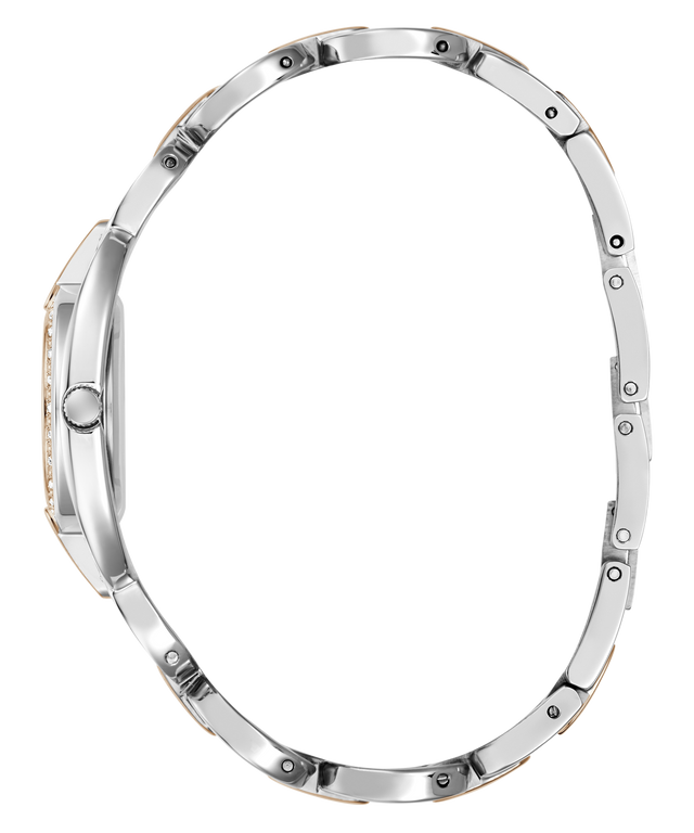 A side profile view of a silver-toned metal watch bracelet with a continuous link design and small screw details, shown on a plain white background.