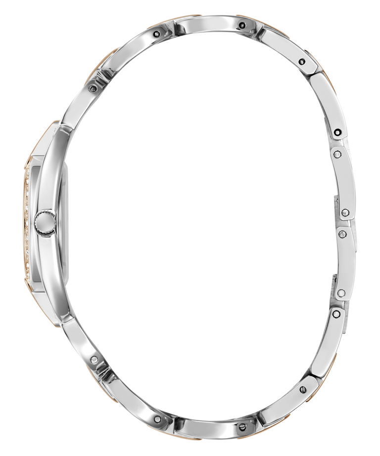 A side profile view of a silver-toned metal watch bracelet with a continuous link design and small screw details, shown on a plain white background.