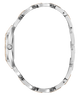 A side profile view of a silver-toned metal watch bracelet with a continuous link design and small screw details, shown on a plain white background.