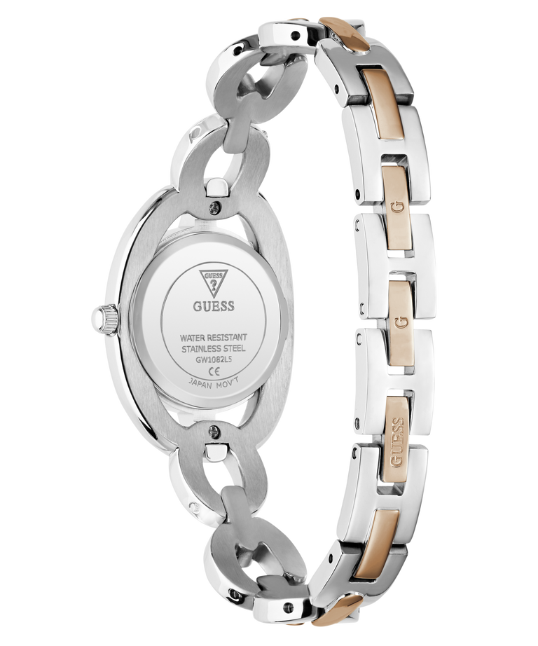 The back view of a GUESS women's stainless steel watch with a two-tone link bracelet, featuring silver and gold-colored links, on a white background.