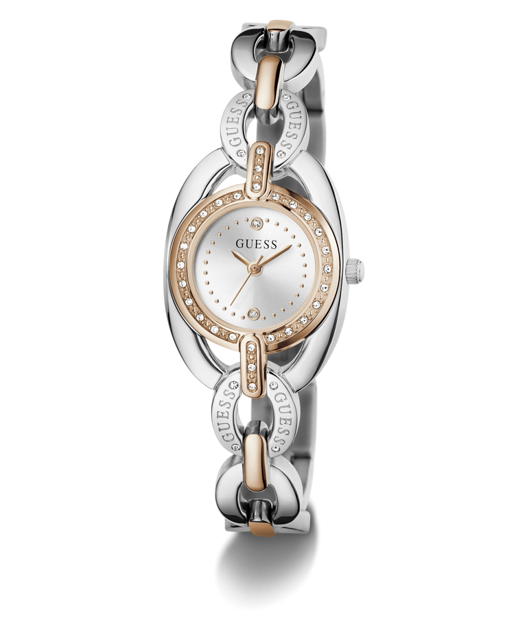 A GUESS women's watch featuring a two-tone silver and rose gold bracelet with rhinestone accents, a silver oval case, and a white dial with gold-tone hands.