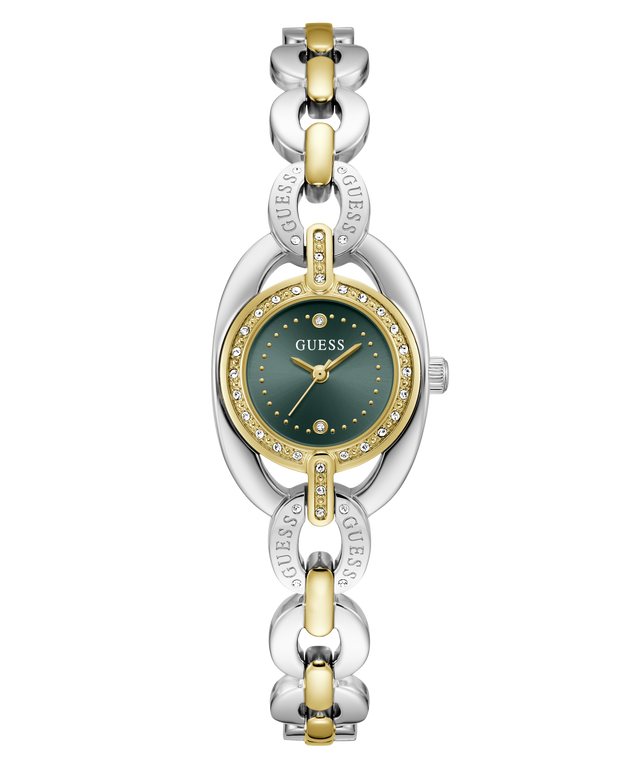 A Guess women's watch featuring a two-tone silver and gold link bracelet, a gold-tone bezel with crystal accents, and a dark green dial.