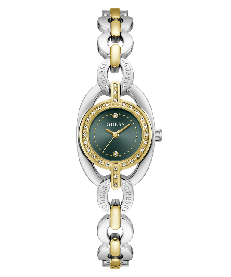 A Guess women's watch featuring a two-tone silver and gold link bracelet, a gold-tone bezel with crystal accents, and a dark green dial.