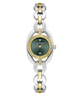 A Guess women's watch featuring a two-tone silver and gold link bracelet, a gold-tone bezel with crystal accents, and a dark green dial.