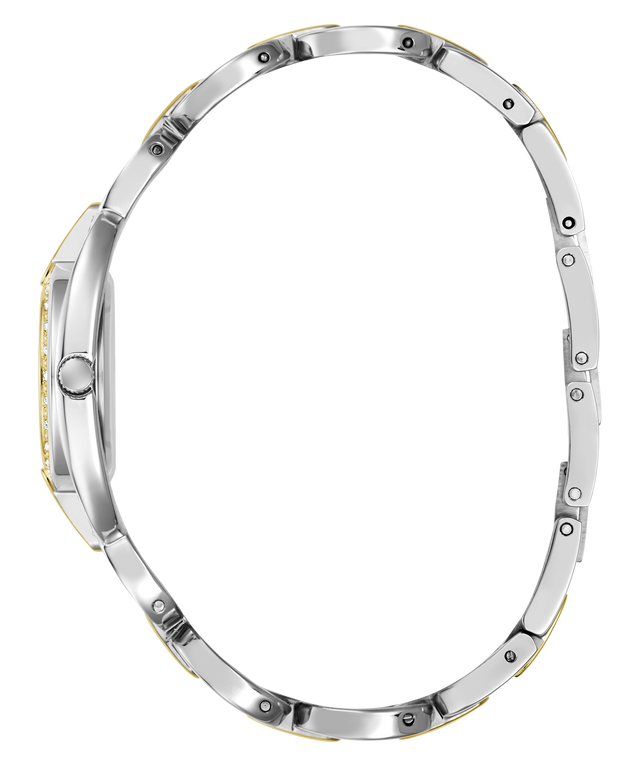 Side profile view of a silver-toned metal watch bracelet with gold accents on the inner edges, shown on a plain white background.