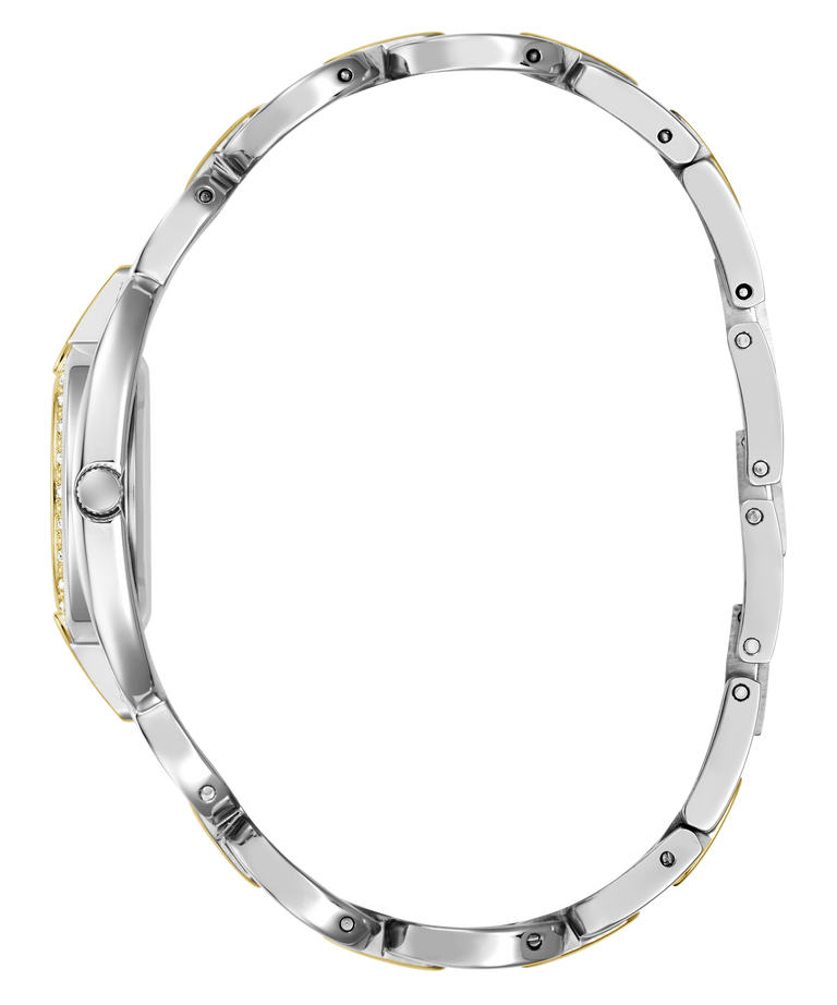Side profile view of a silver-toned metal watch bracelet with gold accents on the inner edges, shown on a plain white background.