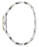 Side profile view of a silver-toned metal watch bracelet with gold accents on the inner edges, shown on a plain white background.