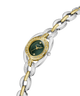 A Guess women's two-tone watch with a silver and gold-tone link bracelet, a silver oval case, and a dark green dial accented with small clear crystals. lifestyle
