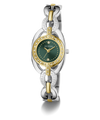 A Guess women's two-tone watch with a silver and gold-tone link bracelet, a green dial, and a bezel accented with small clear crystals, shown on a white background.