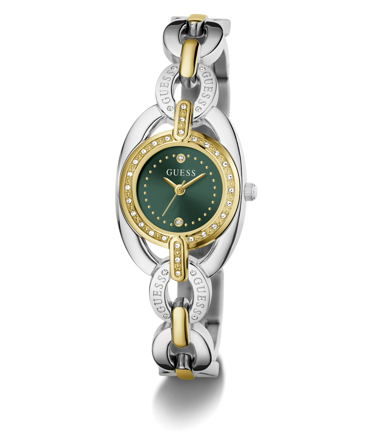 A Guess women's two-tone watch with a silver and gold-tone link bracelet, a green dial, and a bezel accented with small clear crystals, shown on a white background.