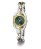 A Guess women's two-tone watch with a silver and gold-tone link bracelet, a green dial, and a bezel accented with small clear crystals, shown on a white background.