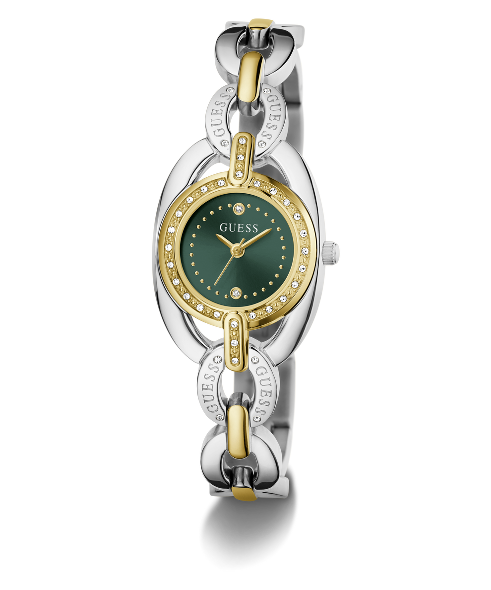 A Guess women's two-tone watch with a silver and gold-tone link bracelet, a green dial, and a bezel accented with small clear crystals, shown on a white background.