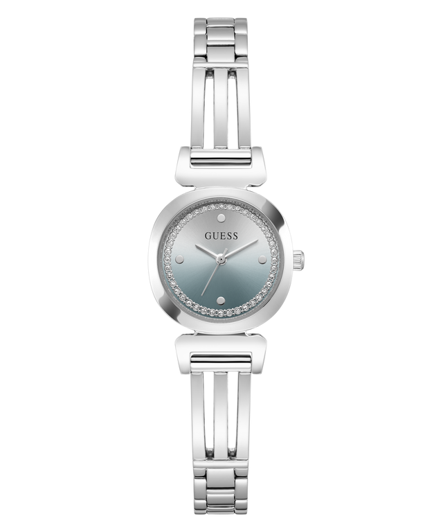 A women's silver-tone stainless steel watch by Guess, featuring a round bezel accented with small clear crystals, a silver dial with a subtle blue-green gradient, and a matching link bracelet.