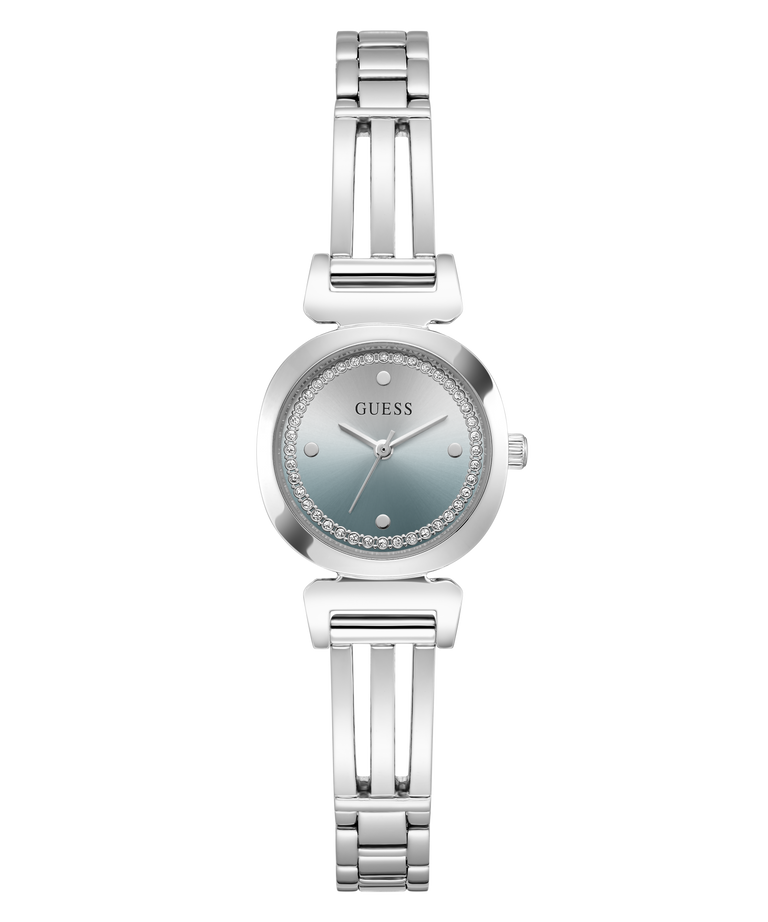 A women's silver-tone stainless steel watch by Guess, featuring a round bezel accented with small clear crystals, a silver dial with a subtle blue-green gradient, and a matching link bracelet.