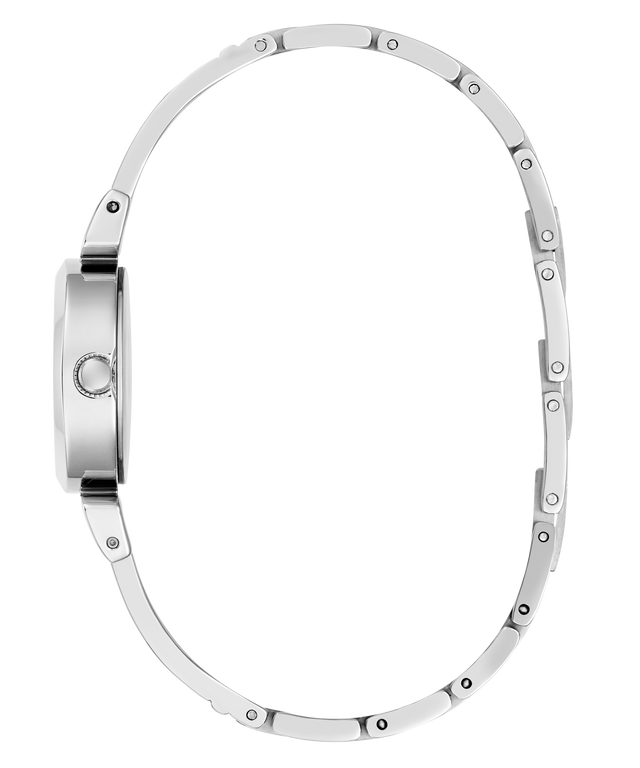 A silver stainless steel watch band with a matching silver case, shown from a side profile view against a solid white background.
