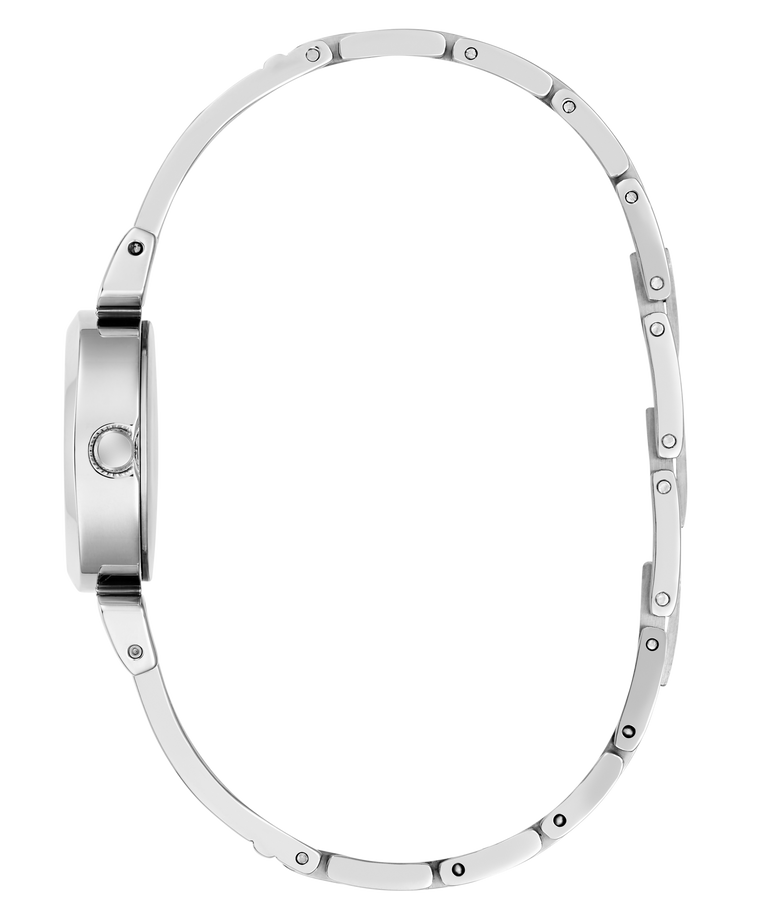 A silver stainless steel watch band with a matching silver case, shown from a side profile view against a solid white background.