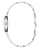 A silver stainless steel watch band with a matching silver case, shown from a side profile view against a solid white background.