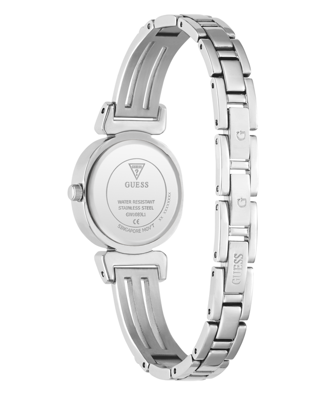 Silver stainless steel women's watch shown from the back, featuring a round case and a multi-link bracelet with GUESS branding engraved on the links and on the watch case.