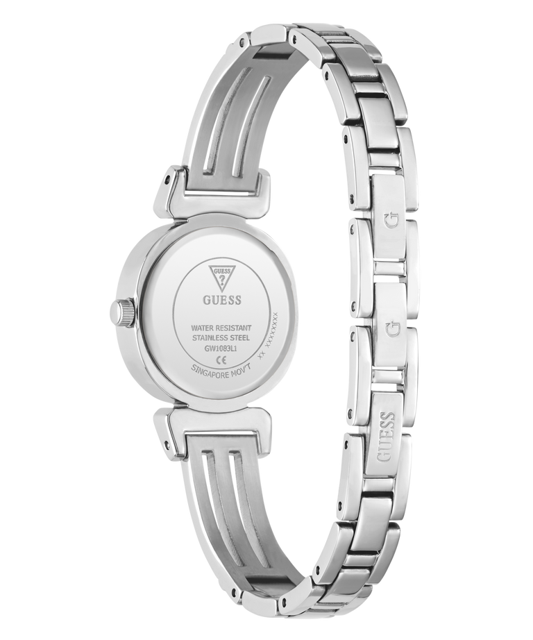 Silver stainless steel women's watch shown from the back, featuring a round case and a multi-link bracelet with GUESS branding engraved on the links and on the watch case.