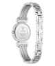 Silver stainless steel women's watch shown from the back, featuring a round case and a multi-link bracelet with GUESS branding engraved on the links and on the watch case.