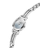 A silver-tone stainless steel women's watch by Guess, featuring a round silver case, a light blue dial, and a matching silver link bracelet, shown against a plain white background. lifestyle