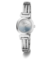 A women's GUESS wristwatch with a silver-tone metal bangle bracelet, a round bezel, and a light blue dial accented with a halo of small clear crystals.