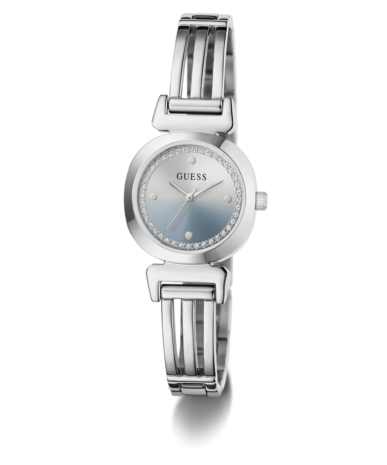 A women's GUESS wristwatch with a silver-tone metal bangle bracelet, a round bezel, and a light blue dial accented with a halo of small clear crystals.