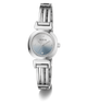 A women's GUESS wristwatch with a silver-tone metal bangle bracelet, a round bezel, and a light blue dial accented with a halo of small clear crystals.