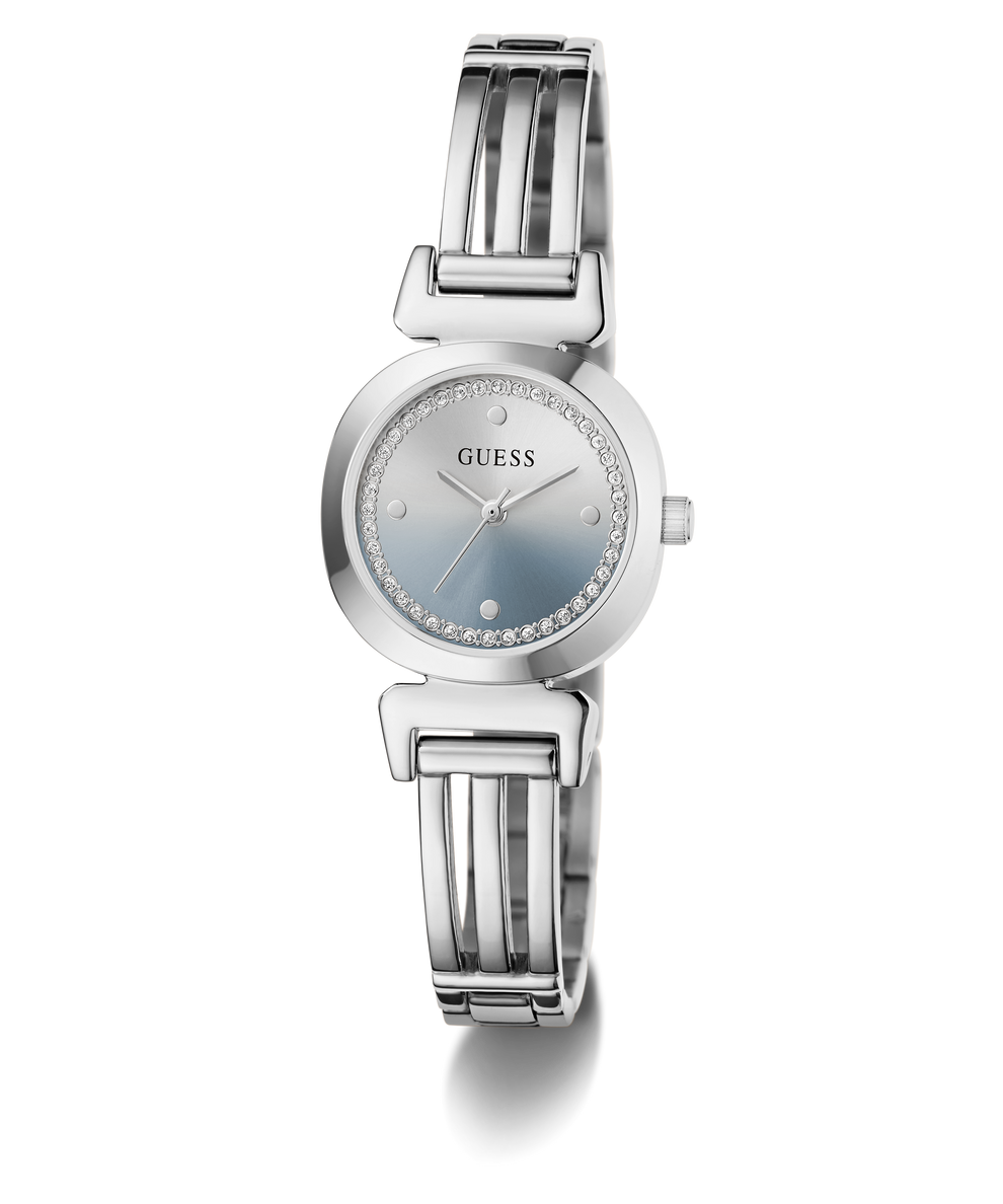 A women's GUESS wristwatch with a silver-tone metal bangle bracelet, a round bezel, and a light blue dial accented with a halo of small clear crystals.