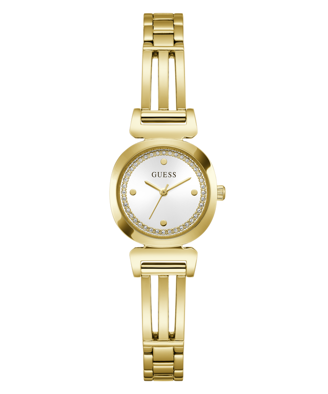A gold-tone women's analog watch by Guess with a white dial, crystal-embellished bezel, and a matching gold-tone link bracelet, shown on a plain white background.