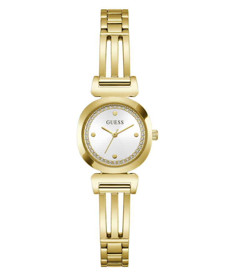 A gold-tone women's analog watch by Guess with a white dial, crystal-embellished bezel, and a matching gold-tone link bracelet, shown on a plain white background.
