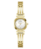 A gold-tone women's analog watch by Guess with a white dial, crystal-embellished bezel, and a matching gold-tone link bracelet, shown on a plain white background.