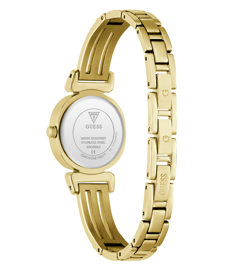 Gold-tone stainless steel women's watch shown from the back, featuring a round case and a matching link bracelet with the GUESS brand name visible on the clasp and case back.