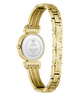 Gold-tone stainless steel women's watch shown from the back, featuring a round case and a matching link bracelet with the GUESS brand name visible on the clasp and case back.