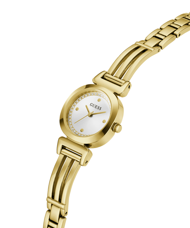 Gold-tone women's analog watch with a round white dial, gold hands and markers, and a matching gold-tone link bracelet, shown on a plain white background. lifestyle